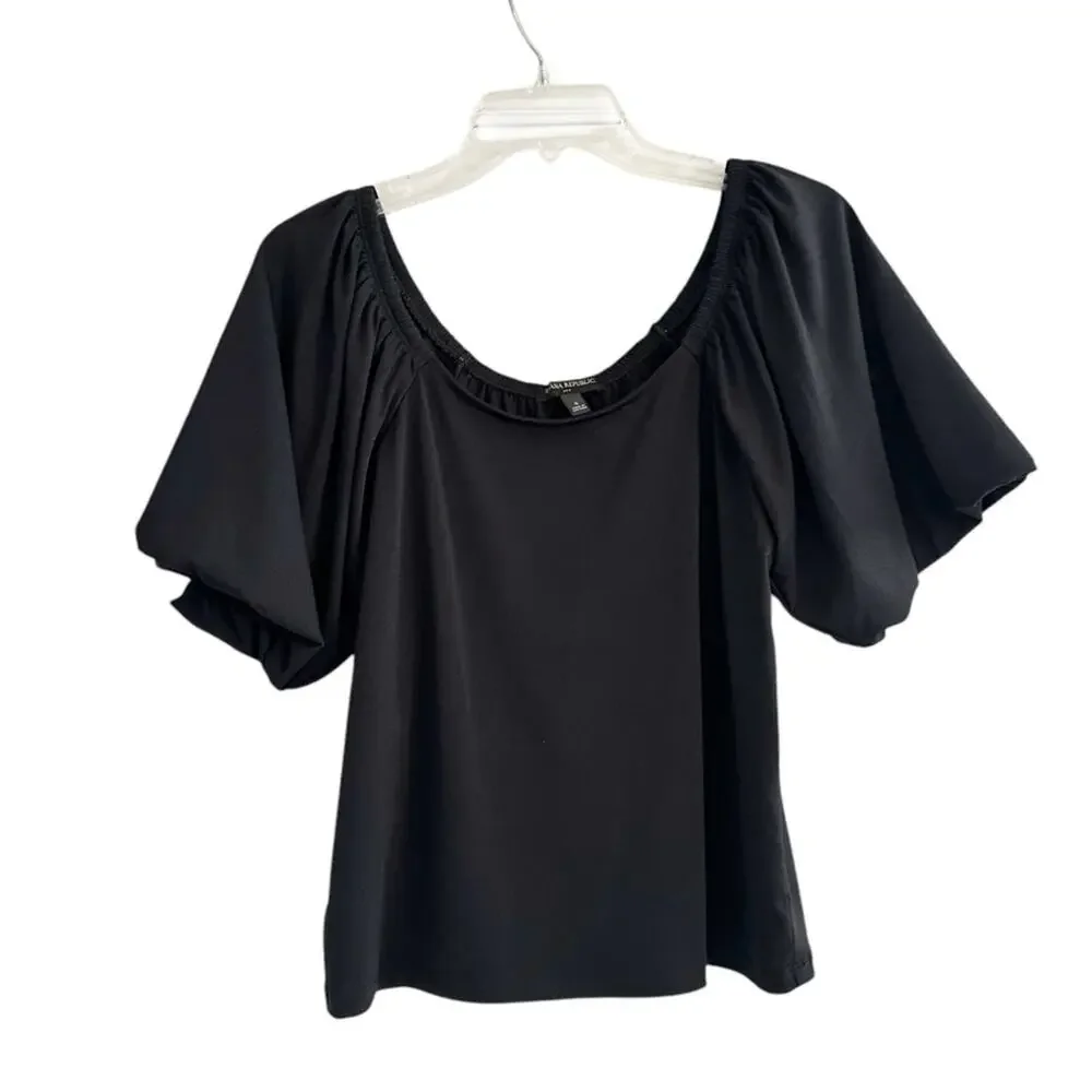 Banana Republic SS Crepe Puff Short Sleeve Top Blouse Black Shirt 2022 Small
